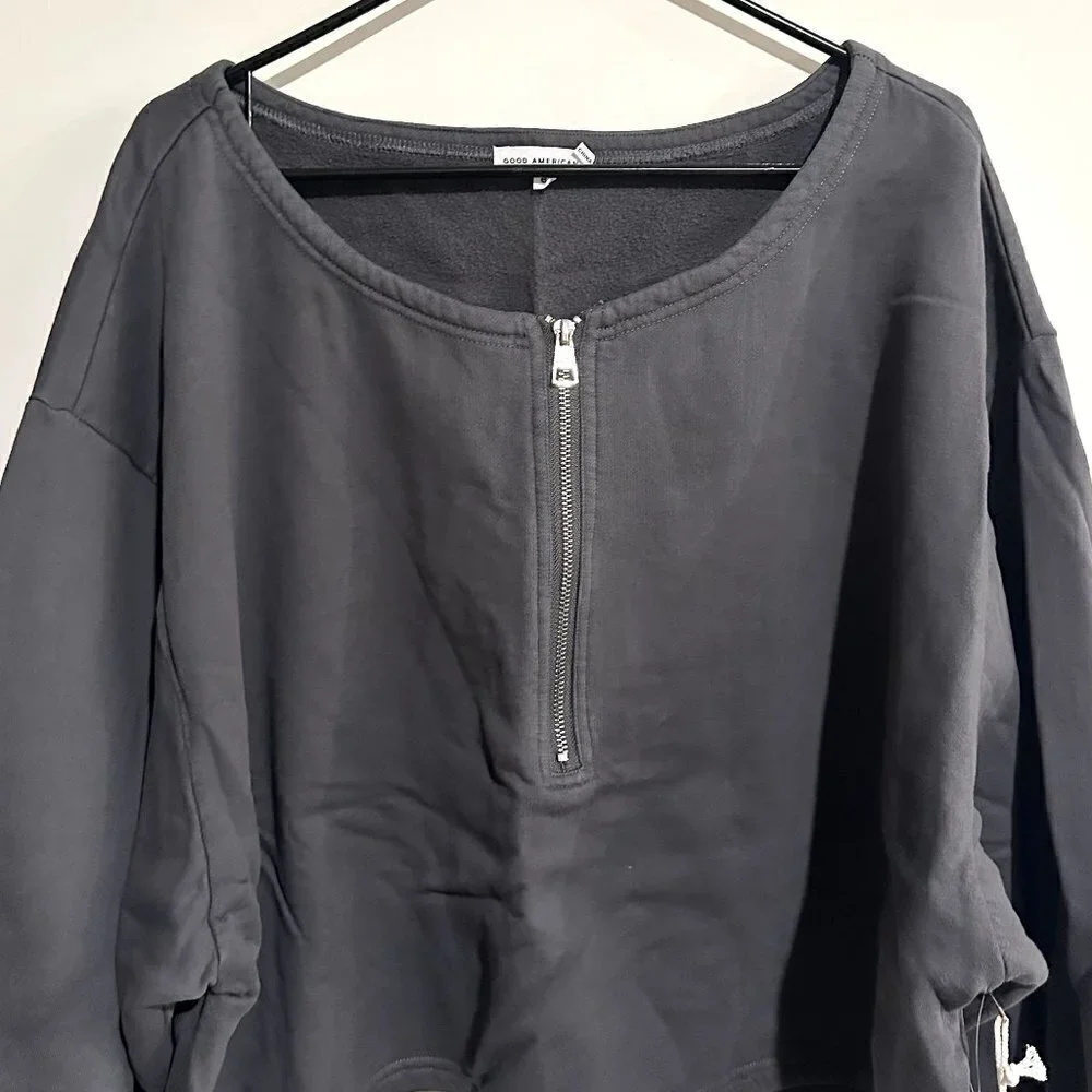 NWT Good American Essentials Gray Collarless Half Zip Sweatshirt - Size 6 (3XL)